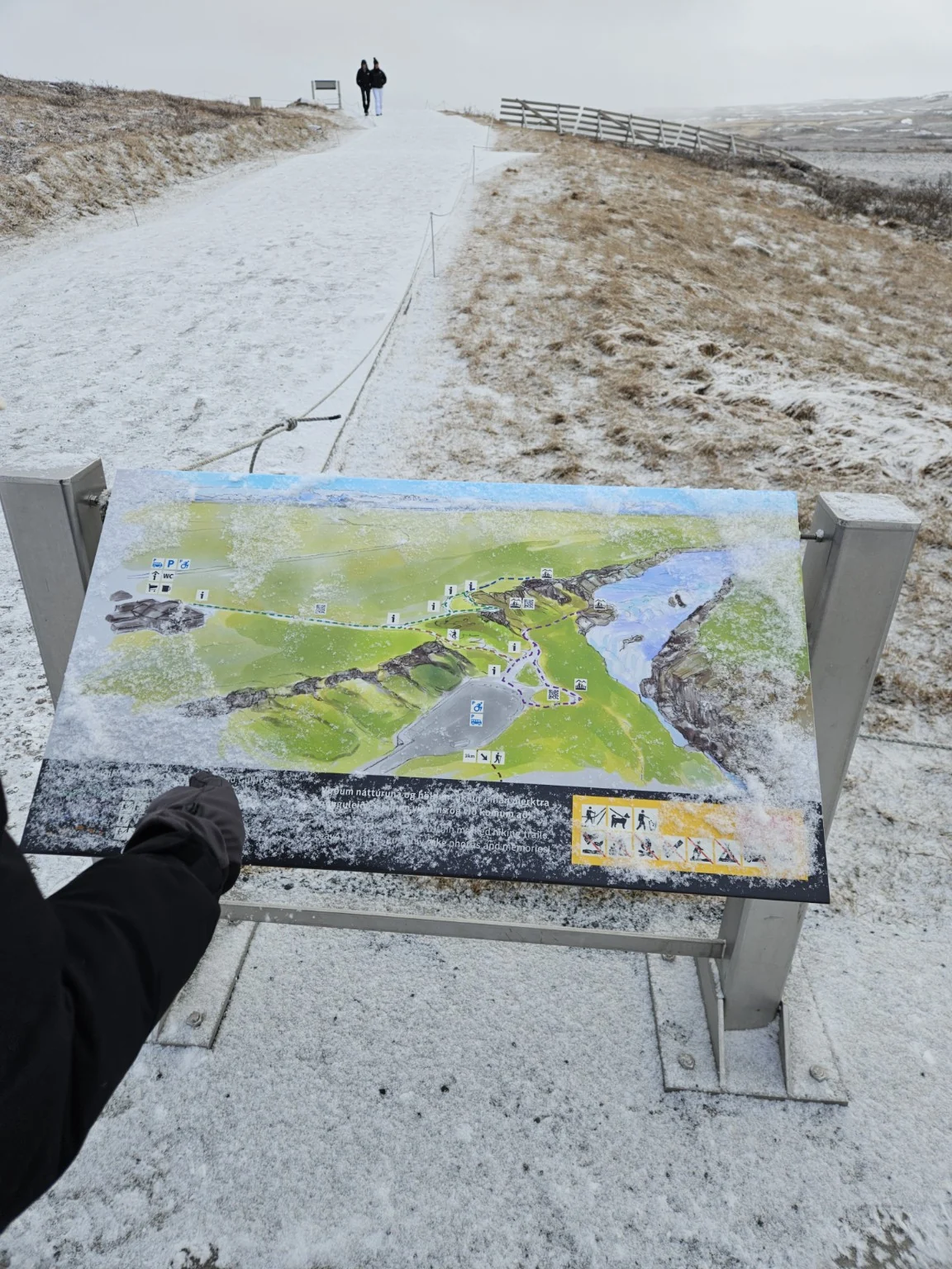 A snow-covered site map showing walking routes and viewpoints around Gullfoss