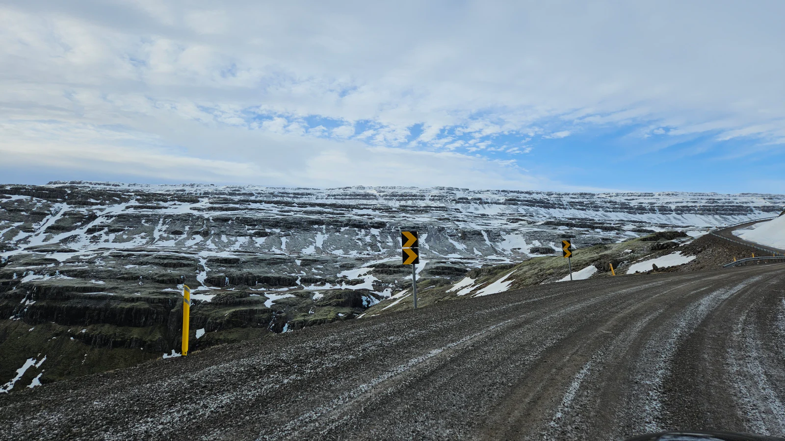 Road and curve signs through Iceland's snowy landscape