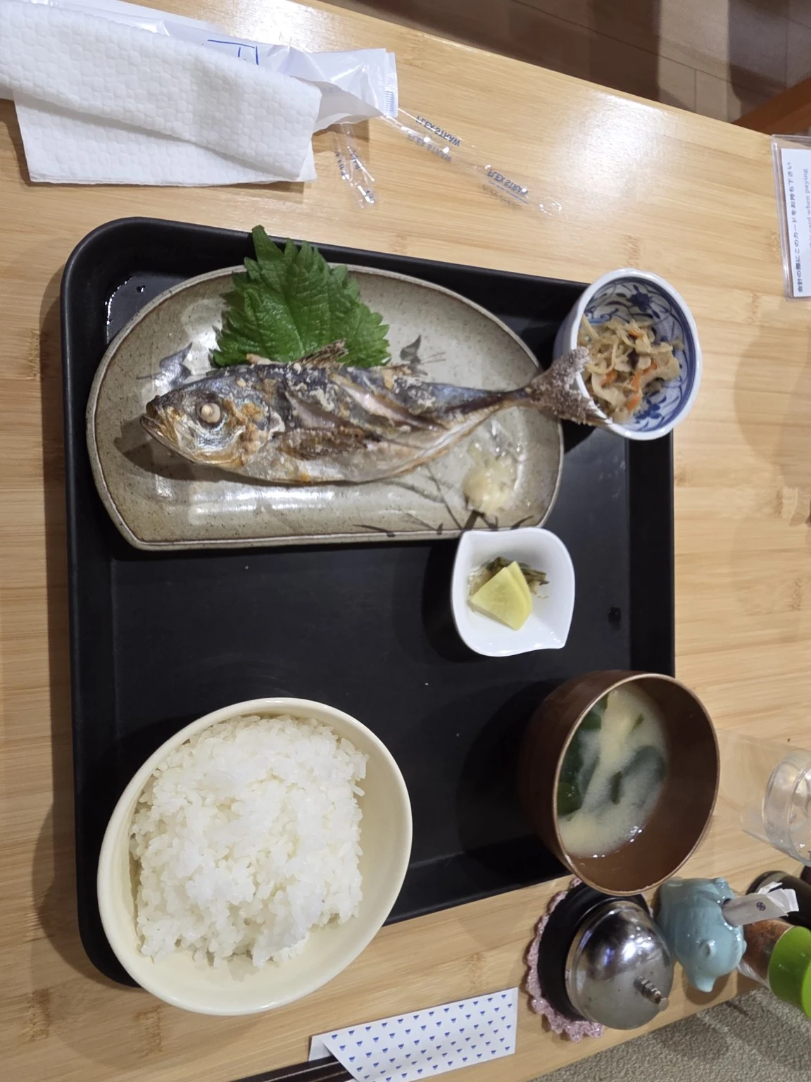 A Japanese set meal at Izumiya in Fujiyoshida with grilled fish, rice, miso soup and small side dishes