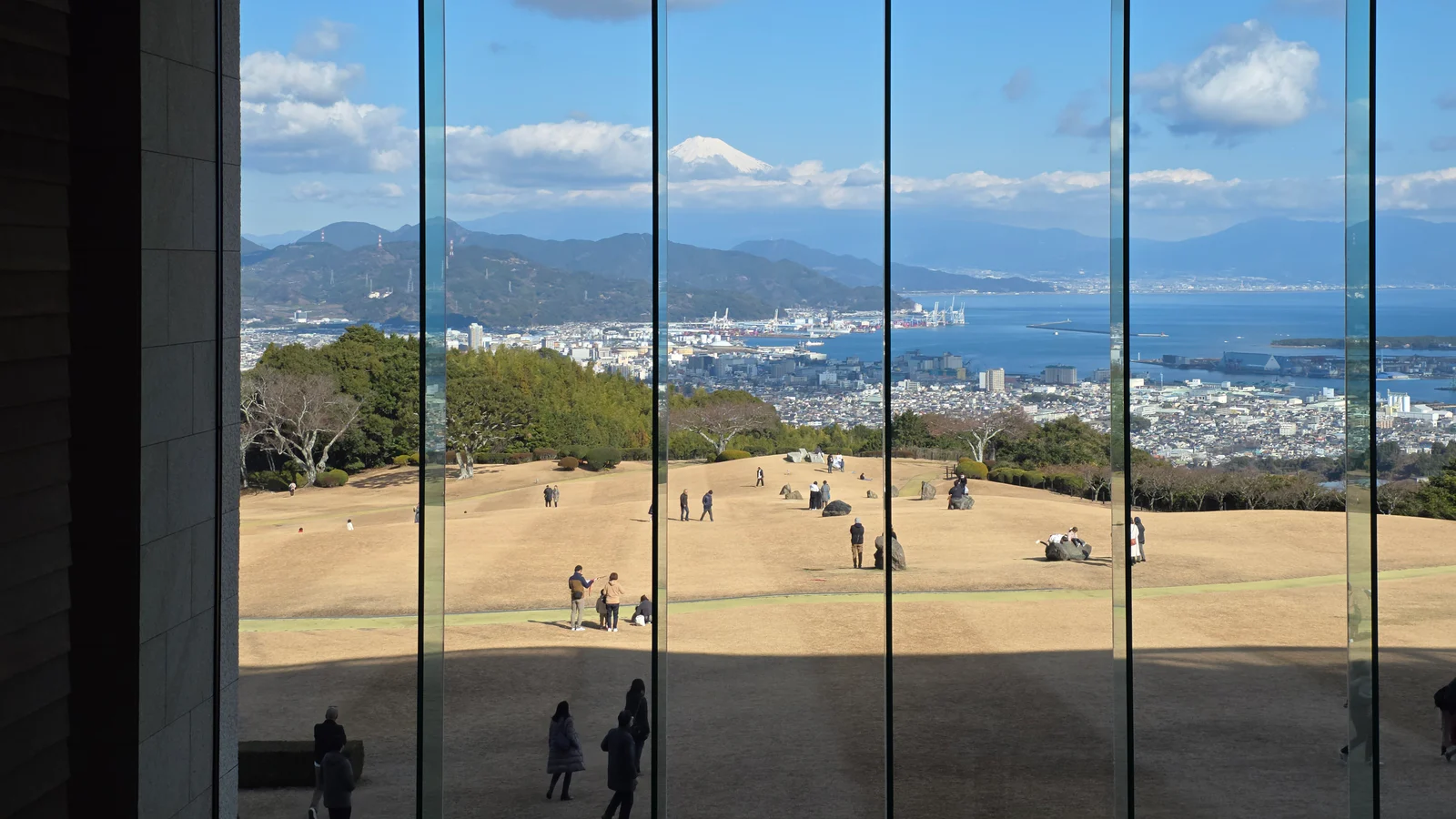 Mount Fuji and Shimizu seen through the windows of Nihondaira Yume Terrace