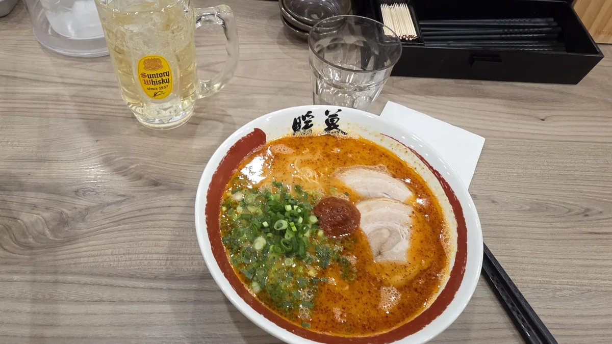 Spicy Rekka Ramen and a highball at Ramen DANBO in Shizuoka