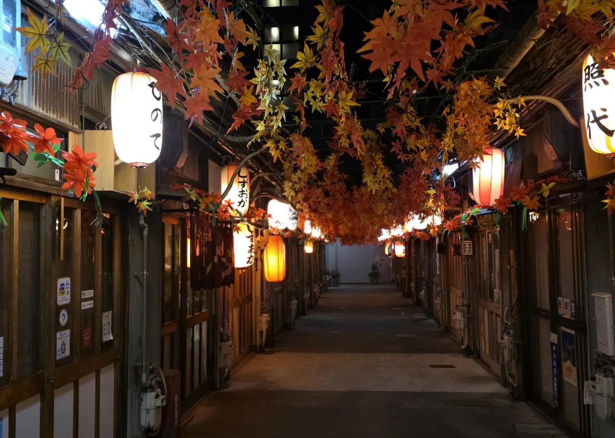 Lanterns and autumn-coloured decorations inside Shizuoka Oden Street